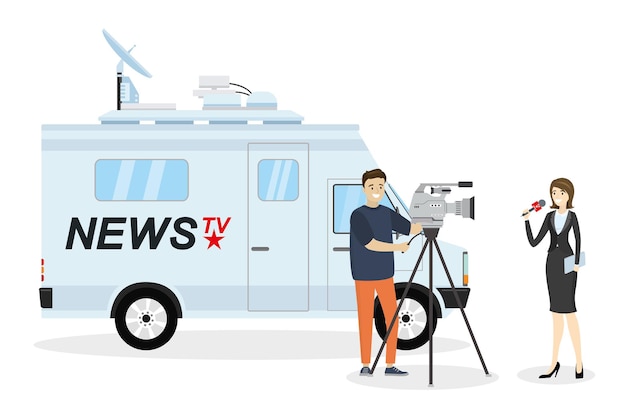Vector brekend nieuws illustratie mooie vrouwelijke verslaggever met microfoon en cameraman nieuwe vrachtwagen vector