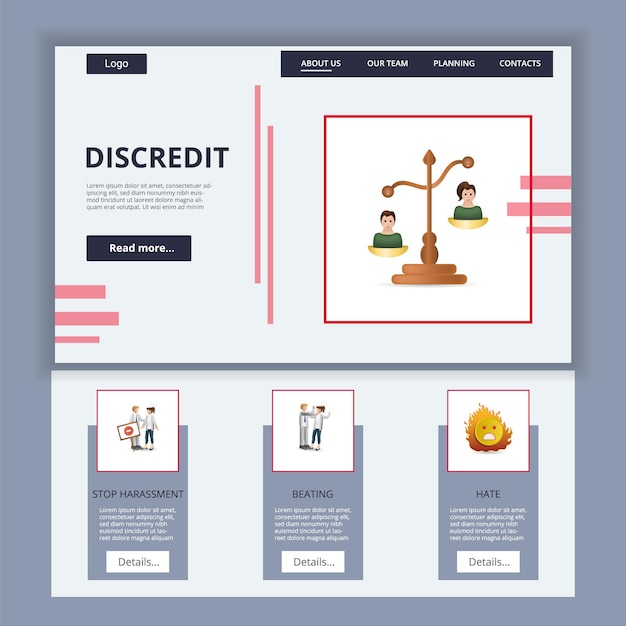 Vector breng de platte websitesjabloon voor de bestemmingspagina in diskrediet, stop intimidatie