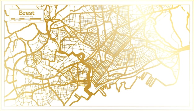 Mappa della città di brest francia in stile retrò con mappa di contorno a colori dorati