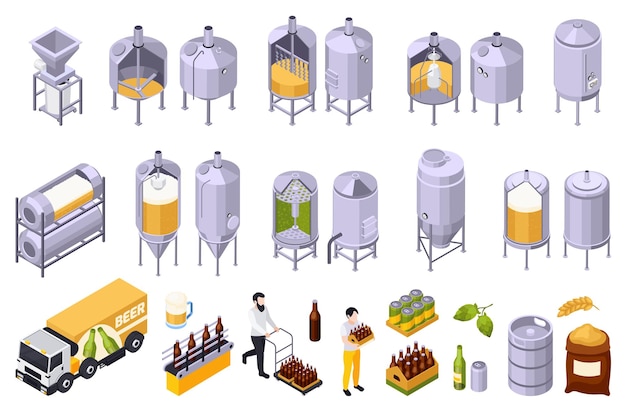 醸造所のビールの生産は、ボトルボックスや工業用瓶のベクトル図を移動する人々と孤立したアイコンの等尺性のセット