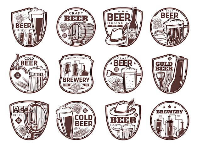 Brewery and craft beer icons, bar and pub alcohol