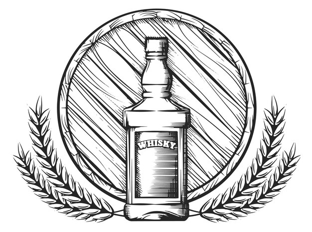 Vector brewery emblem alcohol bottle with barrel and wheat ears