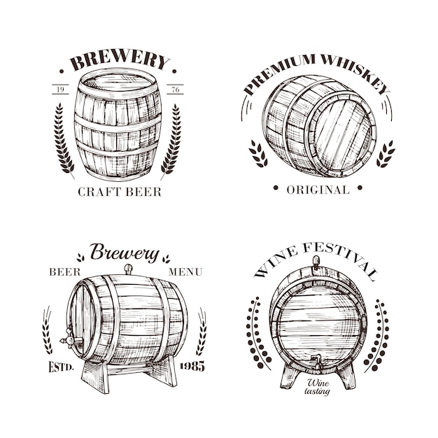 醸造所のエンブレム。ビールとワイン、ウイスキー、ブランデーのバレルは、木製の樽と活版印刷のヴィンテージラベルをスケッチします。