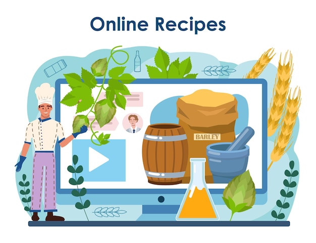 Brewery online service or platform. Craft beer production. Beerhouse technology for barleys and hops processing into an alcoholic drink. Online recipe. Vector illustration