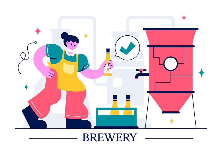 Vector brewery production process vector illustration featuring beer tanks and bottles filled with alcoholic drinks for fermentation in a flat background