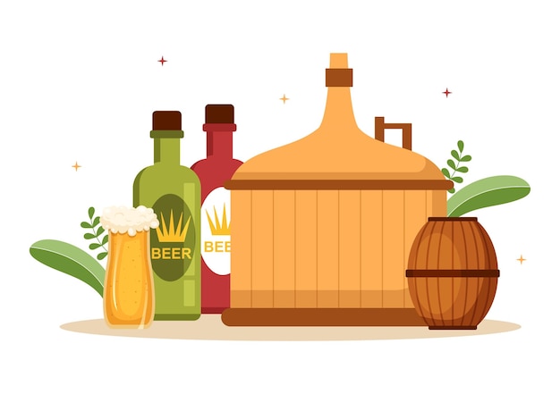 Vettore processo di produzione della fabbrica di birra con serbatoio di birra e bottiglia piena di bevanda alcolica in illustrazione piatta