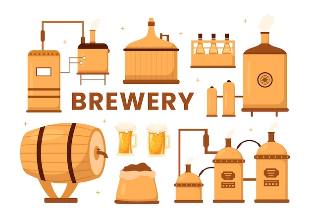 Brewery Production Process with Beer Tank and Bottle Full of Alcohol Drink in Flat Illustration