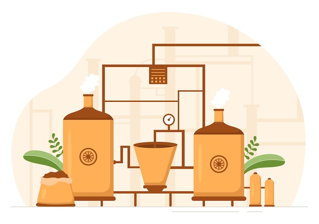 Brewery Production Process with Beer Tank and Bottle Full of Alcohol Drink in Flat Illustration