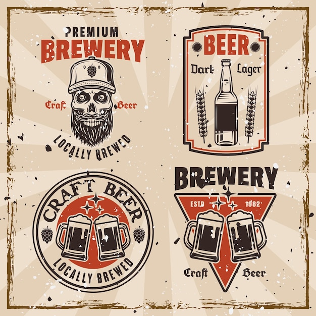 Vector brewery set of colored retro emblems badges labels or logos on background with grunge textures on separate layers