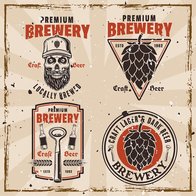 Brewery set of colored retro emblems badges labels or logos on background with grunge textures on separate layers