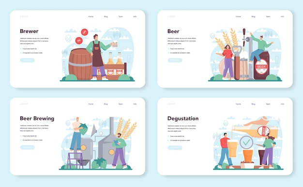 Пивоварня веб-баннер или целевая страница набор крафтового производства пива процесс пивоварения