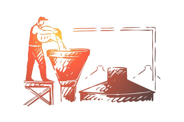 Vector brewery worker, alcohol factory employee, brewer pouring ingredient in tank illustration