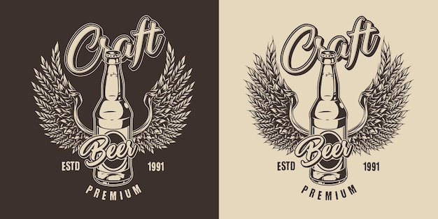 Vector brewing vintage label in monochrome style with glass beer bottle and eagle wings made of wheat ears