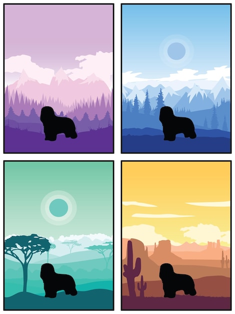 Briard Dog Breed Silhouette Sunset Forest Nature Background 4 Posters Stickers Cards