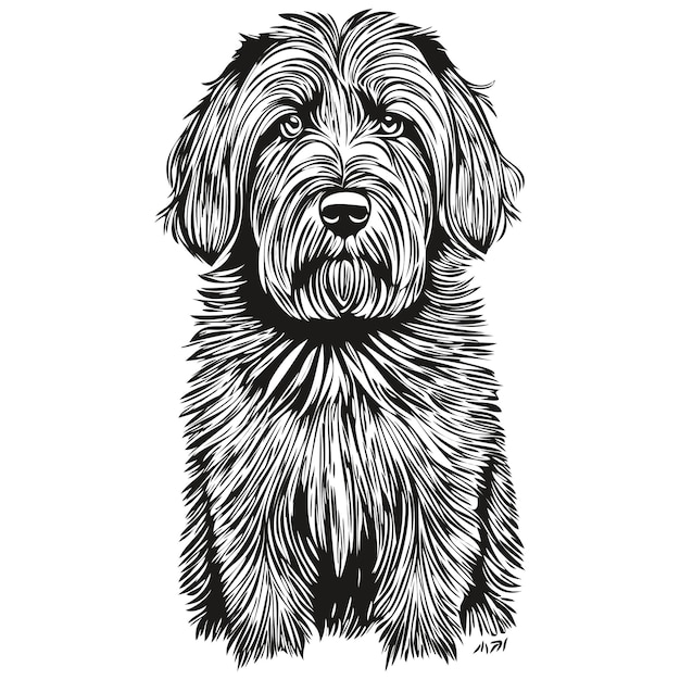 Vector briard dog engraved vector portrait face cartoon vintage drawing in black and white sketch drawing