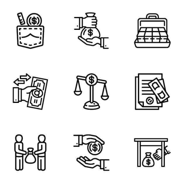 Vector bribery business money icon set. outline set of 9 bribery business money icons