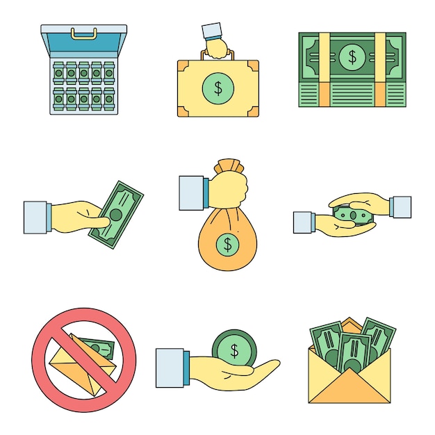 Bribery corrupt practices icon set Outline set of bribery corrupt practices vector icons thin line color flat on white