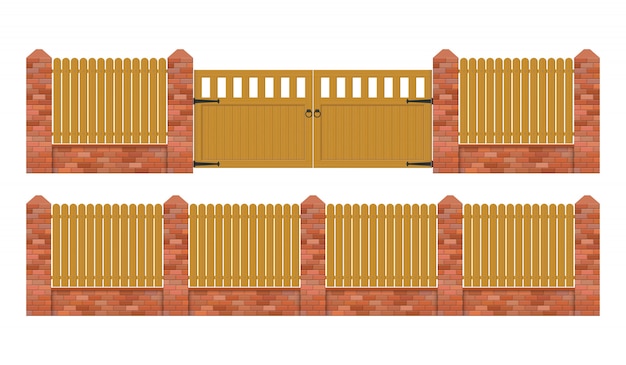 흰색 배경에 고립 된 나무 게이트 일러스트와 함께 벽돌 울타리