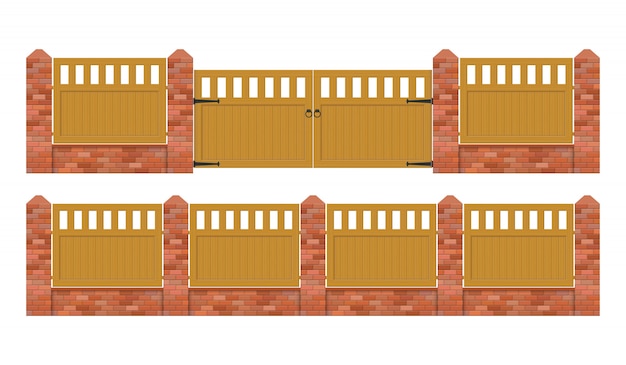 Кирпичный забор с деревянными воротами иллюстрации на белом фоне