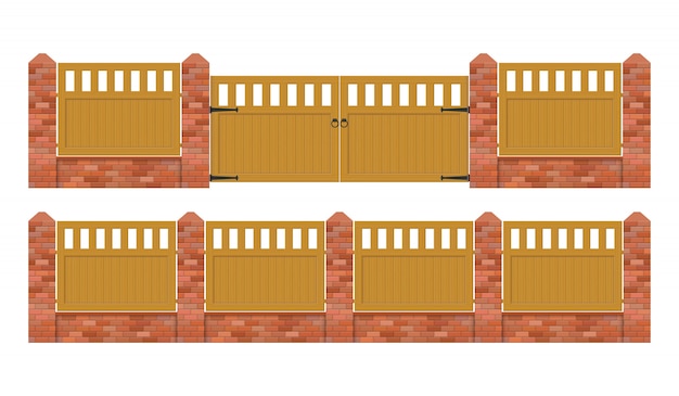 Brick fence with wooden gate  illustration isolated on white background