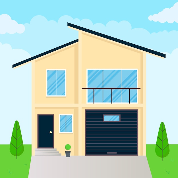 Vector brick house exterior flat style design vector illustration with roof windows and shadows