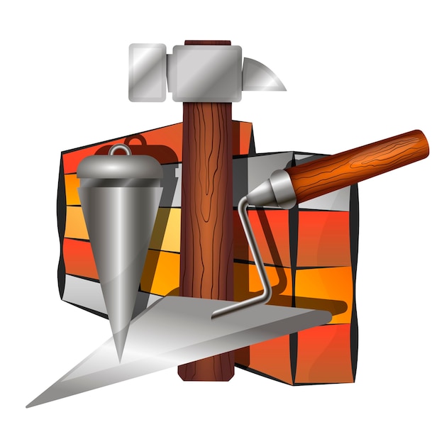 Brick house symbol trowel hammer and level