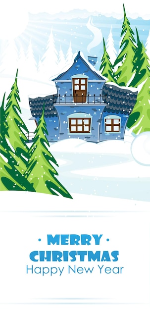Кирпичный дом с синей плиткой в сосновом лесу зимний пейзаж