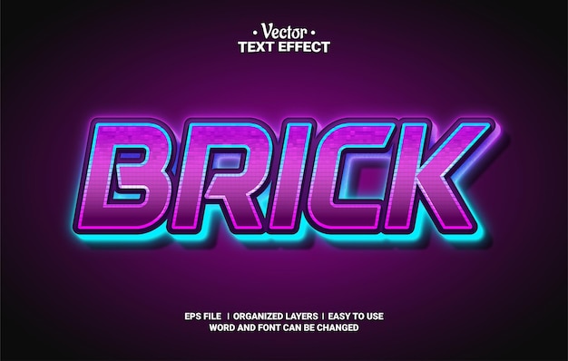 Brick neon glow editable vector text effect