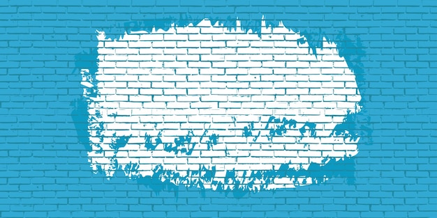 Brick wall texture grunge blue background, white paint splash space for text, seamless building facade pattern backdrop illustration.