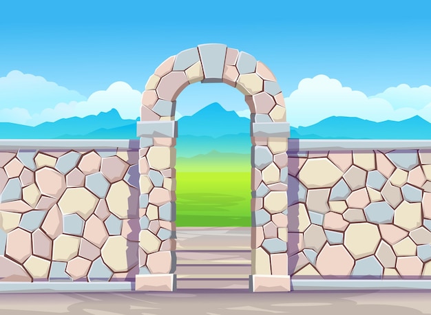 Brick wall with door arch. Park in cartoon style