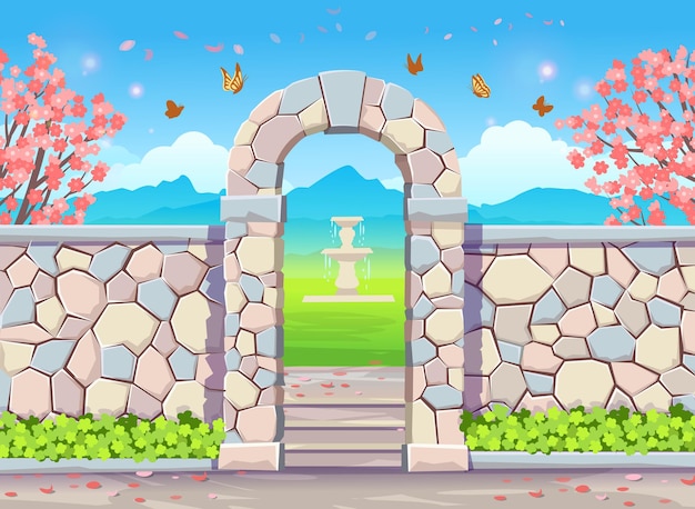 Vector brick wall with door arch with wisteria spring park illustration with flowering trees  wisteria