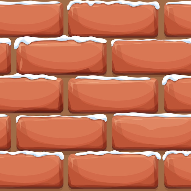 Brick wall with snow, stone bricks, rock surface in cartoon style, winter seamless