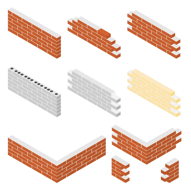 Вектор Кирпичные стены дома с цементным раствором набор изометрических икон