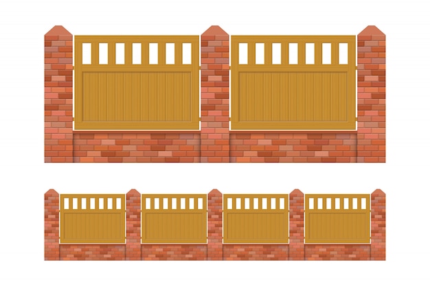 Vector brick and wood fence  illustration isolated on white background