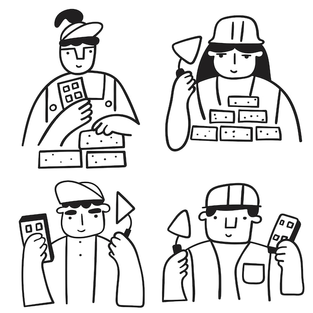 Bricklayer. Set of outline icons. Vector illustrations on white background.