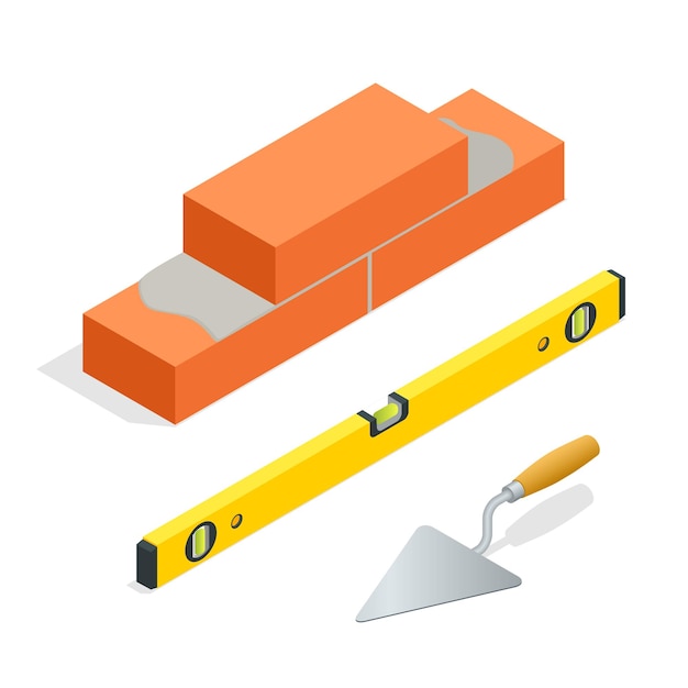 벡터 벽돌 및 석조 도구. 평면 3d 아이소메트릭 벡터 일러스트 레이 션