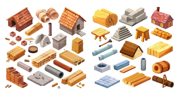 Vector bricks cement wooden planks and metal pipes modern illustration set