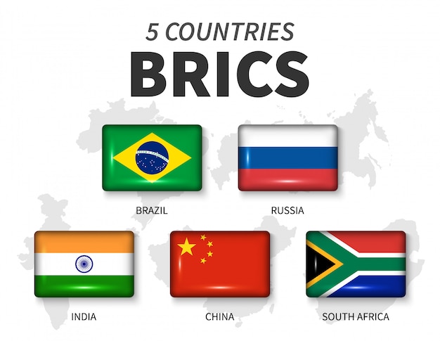 BRICS 및 멤버쉽 플래그. 5 개국 협회. 회원의 둥근 각도 사각형 반짝 단추와 국가지도 배경. 벡터