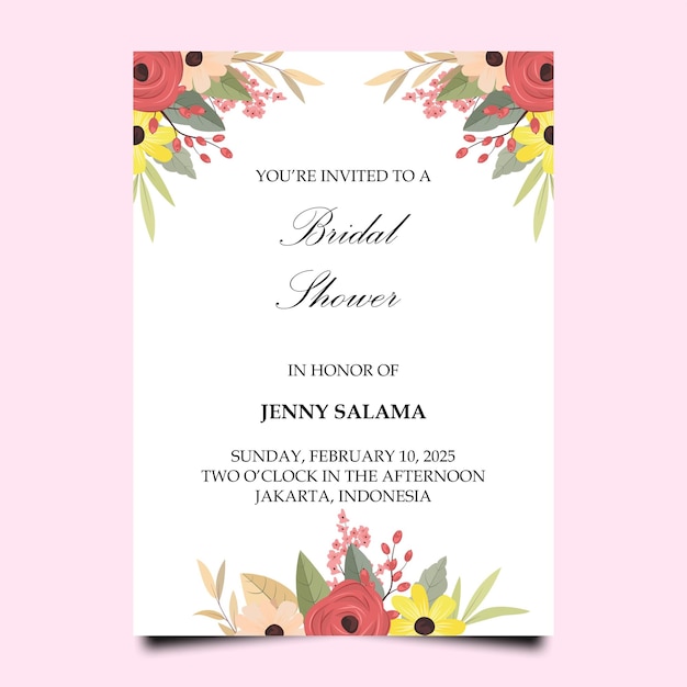 Vector bridal shower card template with beautiful flower bouquet