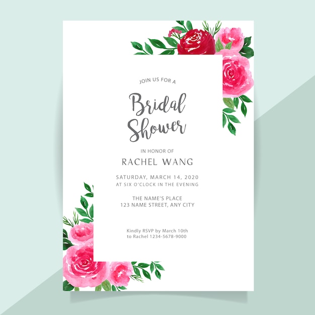 Bridal shower invitation card with flower watercolor border