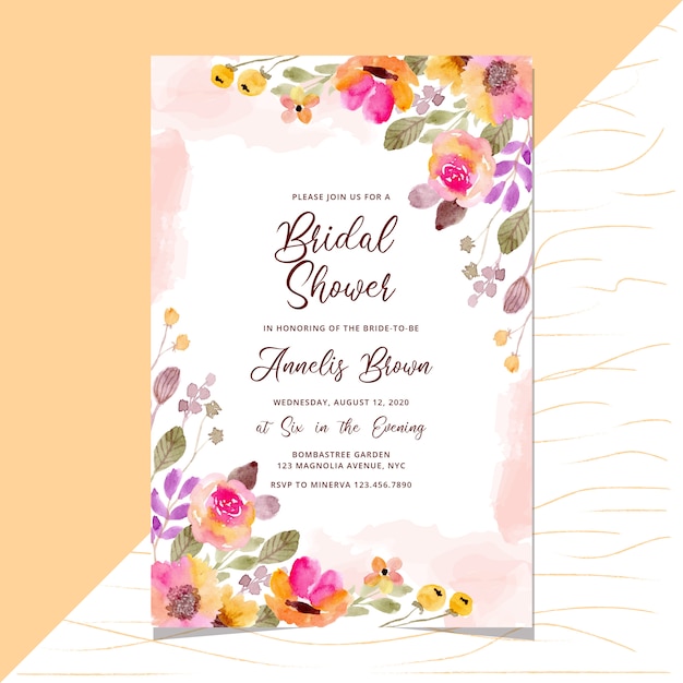 Bridal shower invitation with colorful floral watercolor border