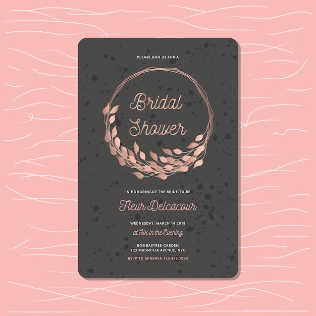 Vector bridal shower invitation with rose gold leaves wreath