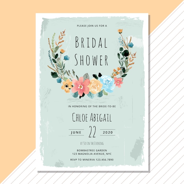 Vector bridal shower invitation with vintage floral wreath watercolor