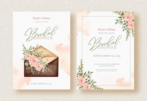 Bridal shower invitation with watercolor of floral ornament and envelope illustration