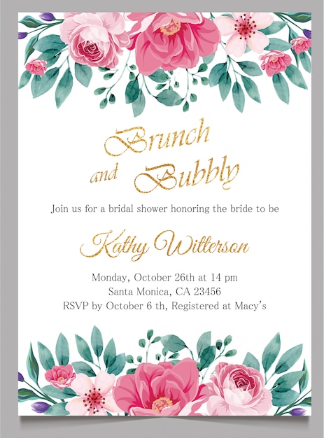 Vector bridal shower invite card, brunch and bubbly invitation with gold