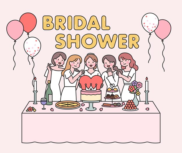 Vector bridal shower post card friends in white dresses are having a celebration party for the bride