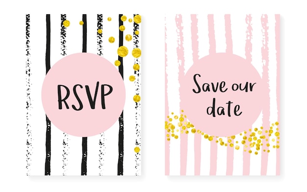 Bridal shower set with dots and sequins Wedding invitation card with gold glitter confetti Vertical stripes background Elegant bridal shower set for party event save the date flyer