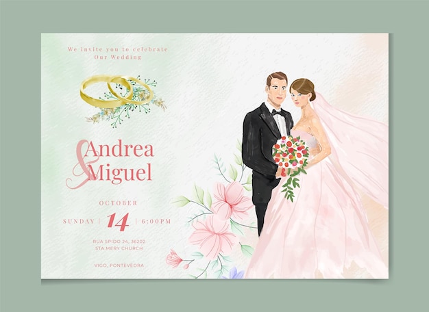 花嫁と新郎の美しい手描き水彩結婚式の招待カードテンプレート