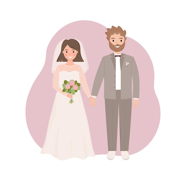 ベクトル 手を繋いでいる新郎新婦 ちょうど結婚した 結婚式の日 幸せな愛情のあるカップル ベクトル イラスト