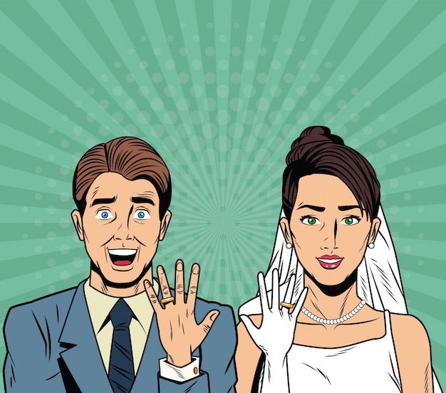 Невеста и жених поп-арт мультфильм